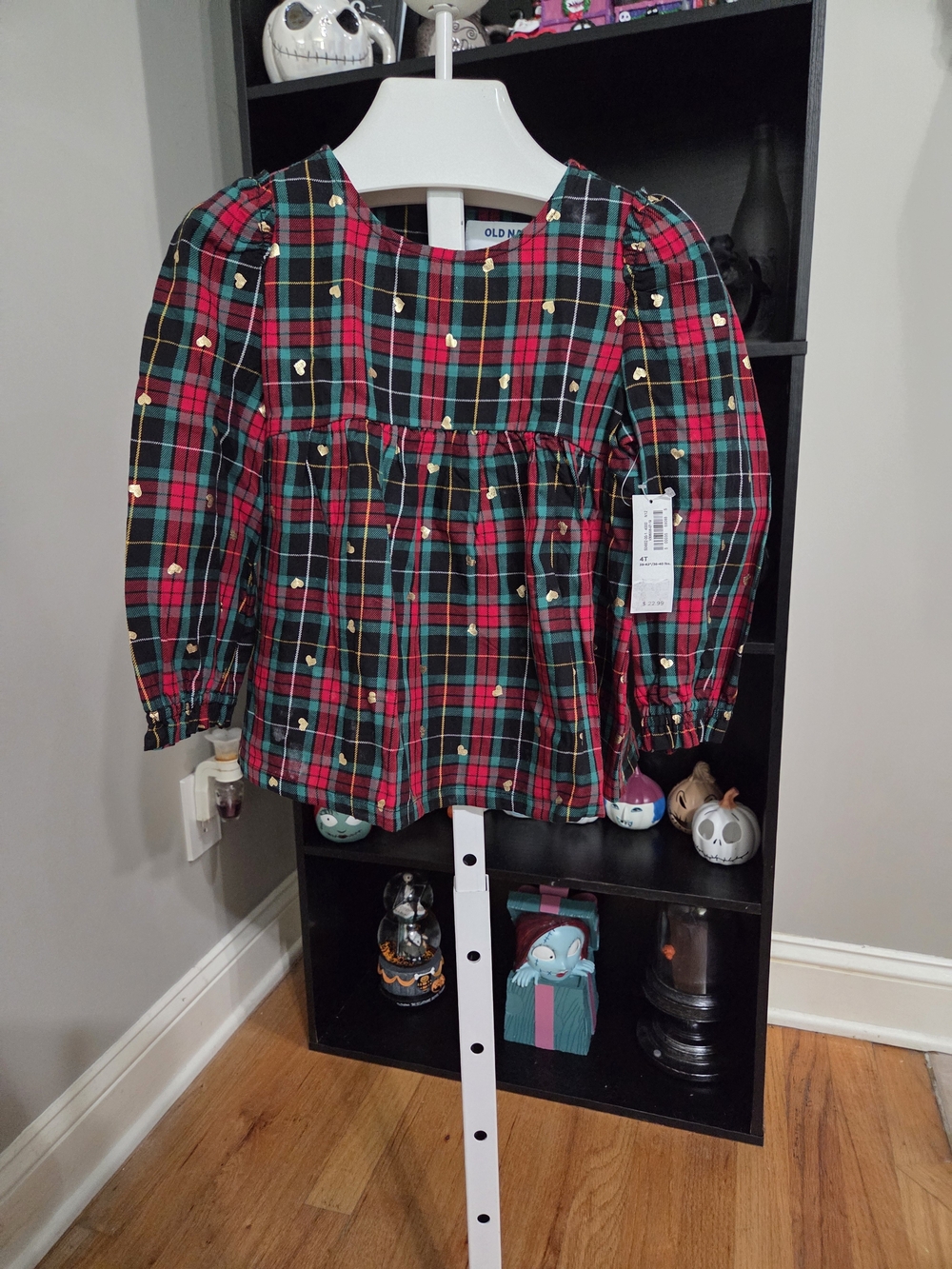 Old Navy Red and Green Plaid Long-Sleeve Top with Gold Dots